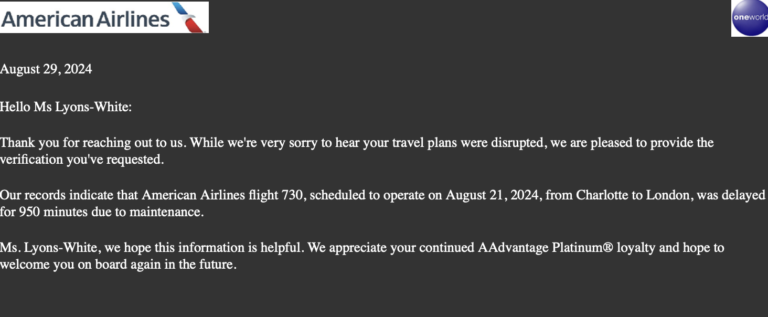 American Airlines, flight delay letter, credit card travel insurance, travel insurance, Allianz travel insurance